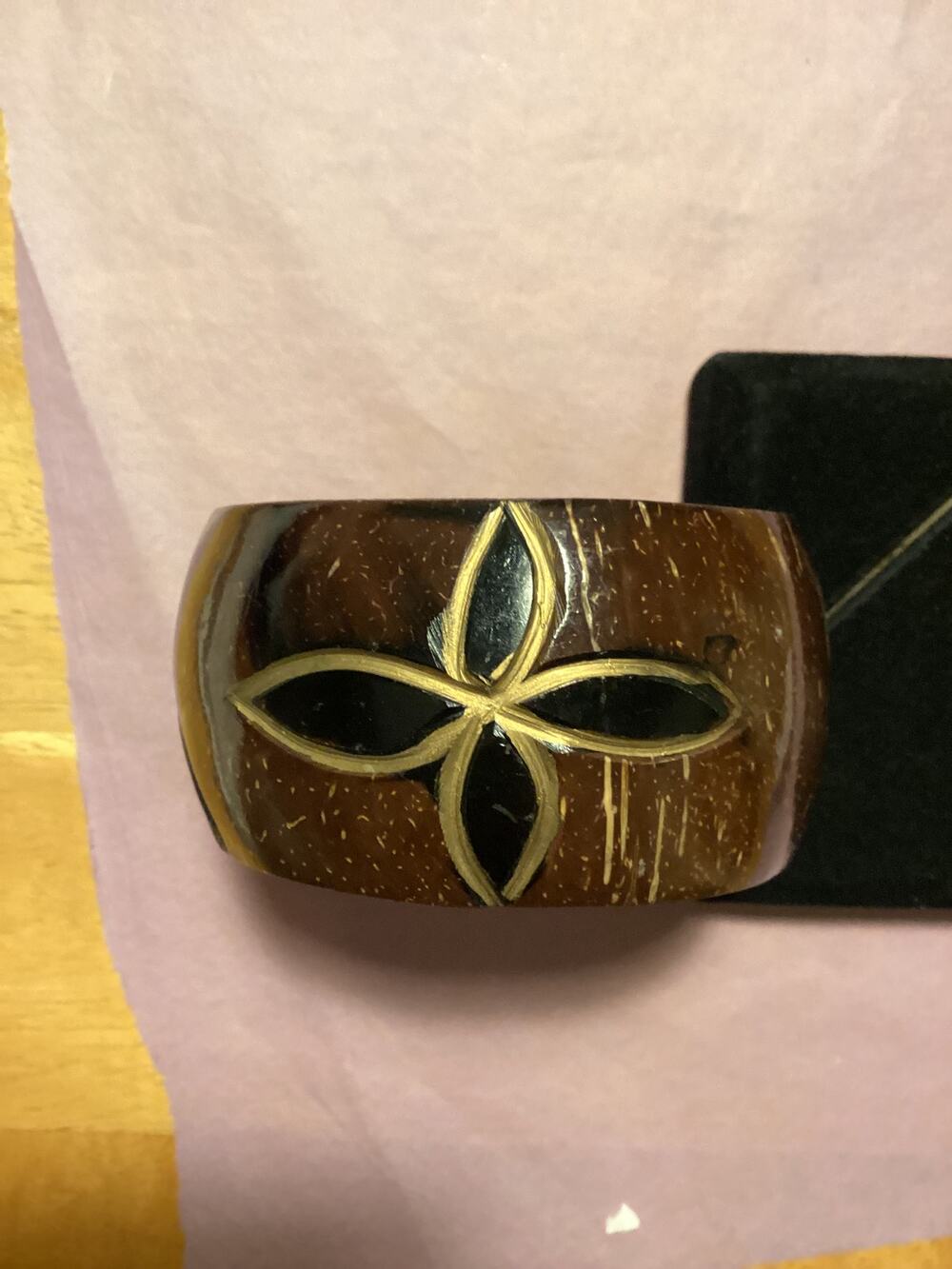 2793 Hand Painted Coconut Bangle Bracelet 3" x 1 3/4" Brown, Black and Gold